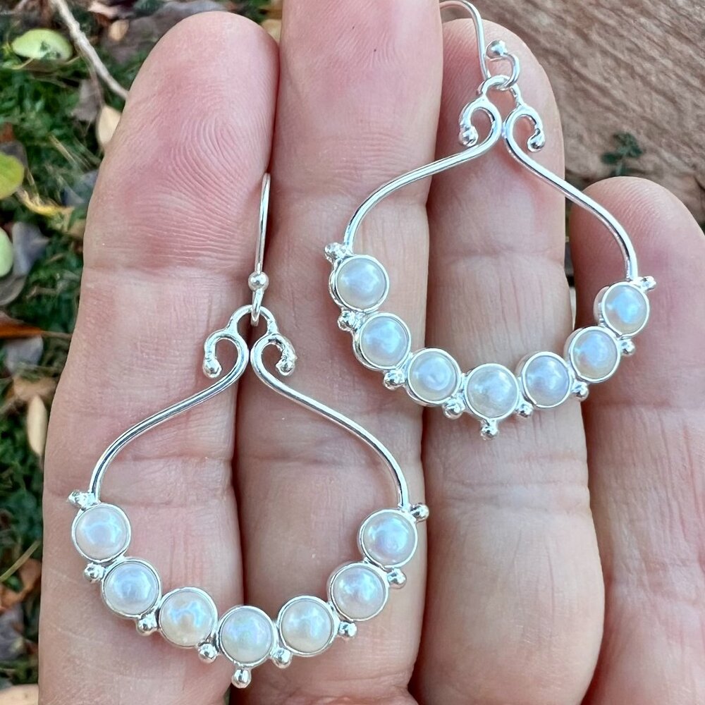 Sundance Catalog $148 NEW 2" PEARL Sterling Silver Hoops Earrings Bridal Boho - Picture 3 of 9